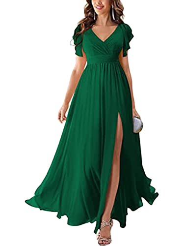 Tomwell Damen Abendkleid Ärmellos Elegante Brautjungfernkleid Mode Einfarbig Wickelkleid V-Ausschnitt Rückenfrei Partykleid Schulterfrei Bodenlang Cocktailkleid D Grün XXL von Tomwell