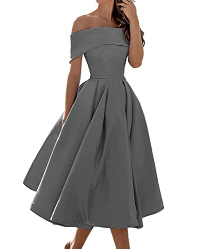 Tomwell Damen Abendkleid Elegante Brautjungfernkleid Mode Einfarbig Wickelkleid Rückenfrei Partykleid Schulterfrei Cocktailkleid Grau S von Tomwell