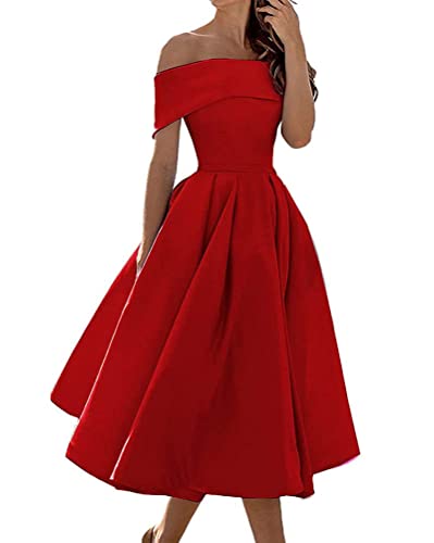 Tomwell Damen Abendkleid Elegante Brautjungfernkleid Mode Einfarbig Wickelkleid Rückenfrei Partykleid Schulterfrei Cocktailkleid Rot 3XL von Tomwell