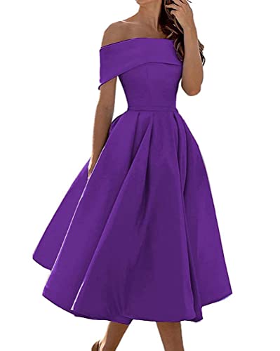 Tomwell Damen Abendkleid Elegante Brautjungfernkleid Mode Einfarbig Wickelkleid Rückenfrei Partykleid Schulterfrei Cocktailkleid Violett S von Tomwell