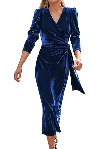 Tomwell Damen Abendkleid Winterkleid Langarm Festlich Kleid Damen Elegant Bodycon Weihnachtskleid V-Ausschnitt Sexy Langes Partykleid Samtkleid A Blau M von Tomwell