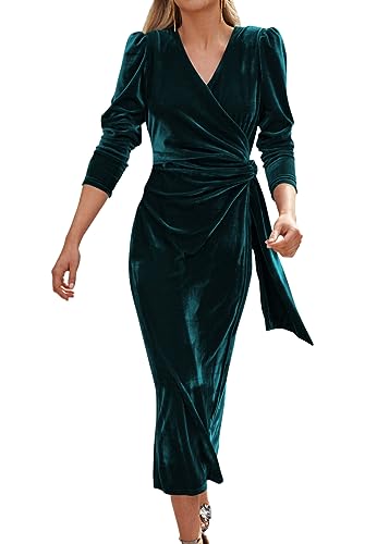 Tomwell Damen Abendkleid Winterkleid Langarm Festlich Kleid Damen Elegant Bodycon Weihnachtskleid V-Ausschnitt Sexy Langes Partykleid Samtkleid A Grün L von Tomwell