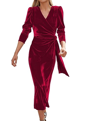 Tomwell Damen Abendkleid Winterkleid Langarm Festlich Kleid Damen Elegant Bodycon Weihnachtskleid V-Ausschnitt Sexy Langes Partykleid Samtkleid A Rot M von Tomwell