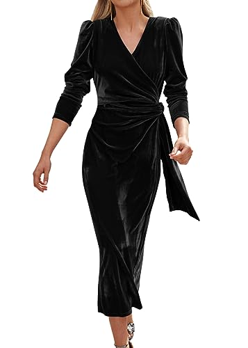 Tomwell Damen Abendkleid Winterkleid Langarm Festlich Kleid Damen Elegant Bodycon Weihnachtskleid V-Ausschnitt Sexy Langes Partykleid Samtkleid A Schwarz L von Tomwell