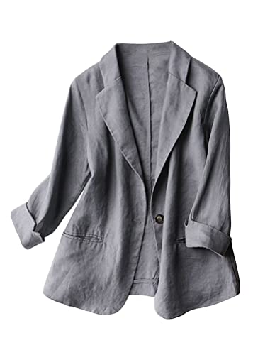 Tomwell Damen Anzug Revers Business Büro Formal Baumwolle Leinen Blazer Elegante Einfarbig Langarm Anzugjacke Slim Fit Revers Frühling Winter Damen Jacke Überzieher Casual A Grau M von Tomwell