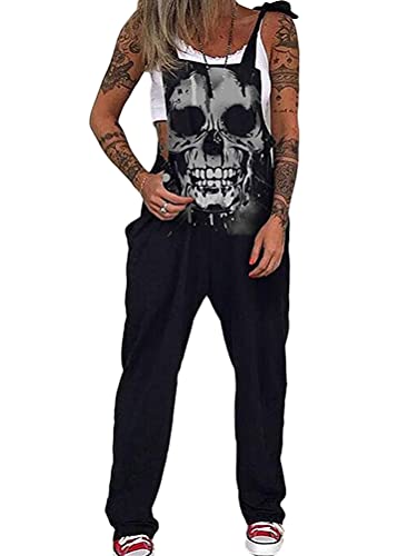 Tomwell Damen Baggy Jumpsuit Loose Fit Casual Skull Print Retro Latzhose Breathable Sommerhose aschen Lange Harem Playsuit Hose Jumpsuits Trousers Overalls von Tomwell