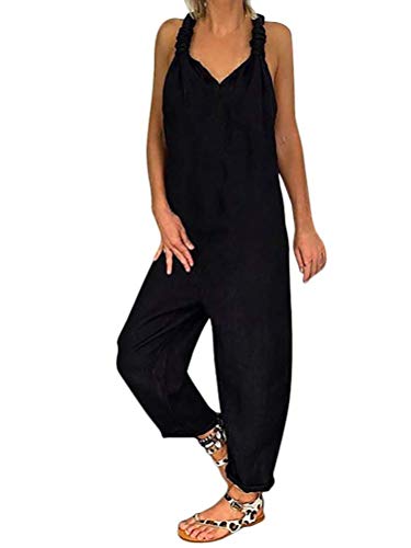 Tomwell Damen Beiläufig Latzhose Jumpsuits Bib Hose Leinen Einfarbig Casual Loose Overall Rompers Lange Wide Leg Hosen 1 Schwarz 44 von Tomwell