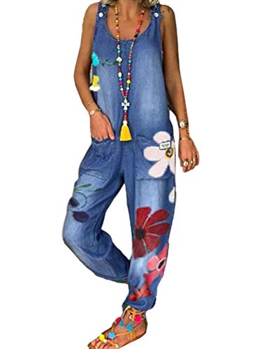 Tomwell Damen Beiläufig Latzhose Jumpsuits Bib Hose Leinen Einfarbig Casual Loose Overall Rompers Lange Wide Leg Hosen C Blau L von Tomwell