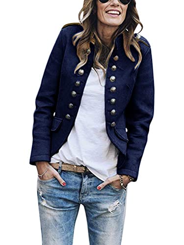 Tomwell Damen Blazer Elegant Anzugjacke Mantel mit Knopfleiste Military Blazer Lang Blazer Slim Fit Blazer Freizeit Stehkragen Business Büro Anzug Jacken (38, Dunkelblau) von Tomwell