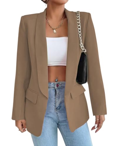 Tomwell Damen Blazer Elegant Business Blazer Anzug Mode Open Front Cardigan Langarm Mantel Einfarbig Slim Fit Revers Geschäft Jacke mit Tasche A Braun 3XL von Tomwell
