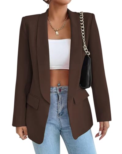 Tomwell Damen Blazer Elegant Business Blazer Anzug Mode Open Front Cardigan Langarm Mantel Einfarbig Slim Fit Revers Geschäft Jacke mit Tasche A Kaffee XL von Tomwell