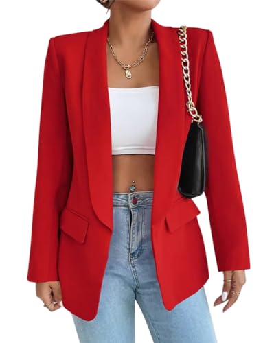 Tomwell Damen Blazer Elegant Business Blazer Anzug Mode Open Front Cardigan Langarm Mantel Einfarbig Slim Fit Revers Geschäft Jacke mit Tasche A Rot L von Tomwell