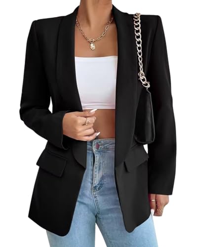 Tomwell Damen Blazer Elegant Business Blazer Anzug Mode Open Front Cardigan Langarm Mantel Einfarbig Slim Fit Revers Geschäft Jacke mit Tasche A Schwarz L von Tomwell