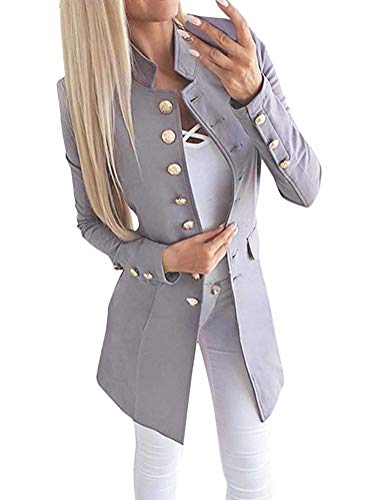 Tomwell Damen Blazer Elegant Mantel mit Knopfleiste Military Coat Lang Blazer Slim Fit Blazer Freizeit Stehkragen Business Büro Anzug Jacken A Grau 42 von Tomwell