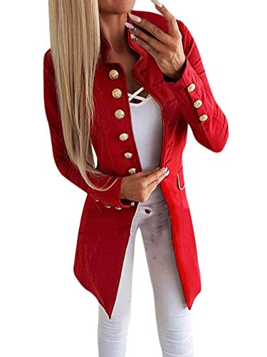 Tomwell Damen Blazer Elegant Mantel mit Knopfleiste Military Coat Lang Blazer Slim Fit Blazer Freizeit Stehkragen Business Büro Anzug Jacken A Rot 42 von Tomwell