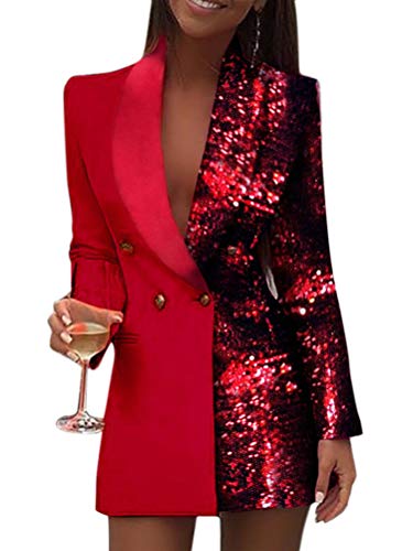 Tomwell Damen Blazer Kleid Frauen Elegant Langarm V-Ausschnitt Hemdkleid Business Lange Knopf Anzug Spleißen Glitzer Minikleider Z Rot 38 von Tomwell