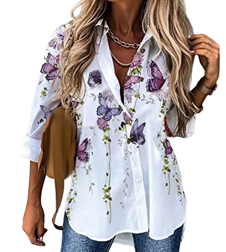 Tomwell Damen Bluse Elegant V-Ausschnitt Button-down Langarmshirts Tunika Hemden Oberteile Mit Löwenzahn Schmetterling Gedruckt Frühling und Herbst T-Shirt Tops E Weiß L von Tomwell