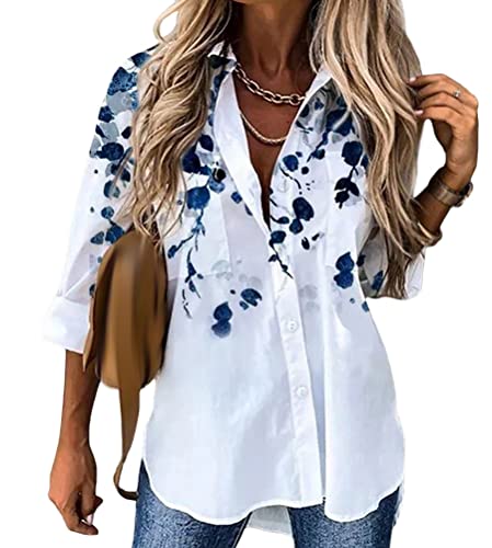 Tomwell Damen Bluse Elegant V-Ausschnitt Button-down Langarmshirts Tunika Hemden Oberteile Mit Löwenzahn Schmetterling Gedruckt Frühling und Herbst T-Shirt Tops G Weiß L von Tomwell