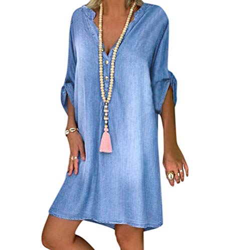 Tomwell Damen Blusenkleid Elegant V-Ausschnitt Langarm Hemdkleid Einfarbig Druck Lang Kleid Mit Knopf Shirtkleid Maxikleid Strandkleid Boho Sommerkleid A Blau XL von Tomwell