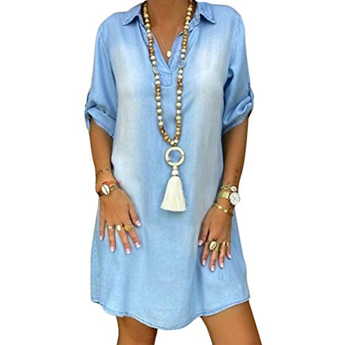 Tomwell Damen Blusenkleid Elegant V-Ausschnitt Langarm Hemdkleid Einfarbig Druck Lang Kleid Mit Knopf Shirtkleid Maxikleid Strandkleid Boho Sommerkleid A Hellblau L von Tomwell