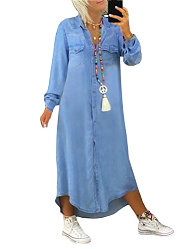 Tomwell Damen Blusenkleid Elegant V-Ausschnitt Langarm Hemdkleid Einfarbig Druck Lang Kleid Mit Knopf Shirtkleid Maxikleid Strandkleid Boho Sommerkleid G Blau M von Tomwell