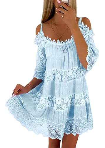 Tomwell Damen Boho Kleid Hohe Taille Sommerkleid Spaghettiträge V-Ausschnitt Spitze Strandkleid Ärmellos Elegant A-Linie Spitzenkleid A Blau 3XL von Tomwell