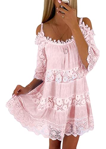 Tomwell Damen Boho Kleid Hohe Taille Sommerkleid Spaghettiträge V-Ausschnitt Spitze Strandkleid Ärmellos Elegant A-Linie Spitzenkleid A Rosa 3XL von Tomwell