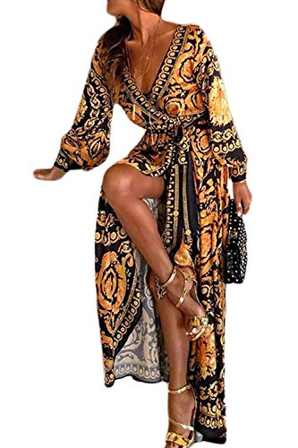 Tomwell Damen Boho Kleid Lange ärmel Strand Wickel Kimono V Ausschnitt Maxi Kleider 1 Gelb L von Tomwell