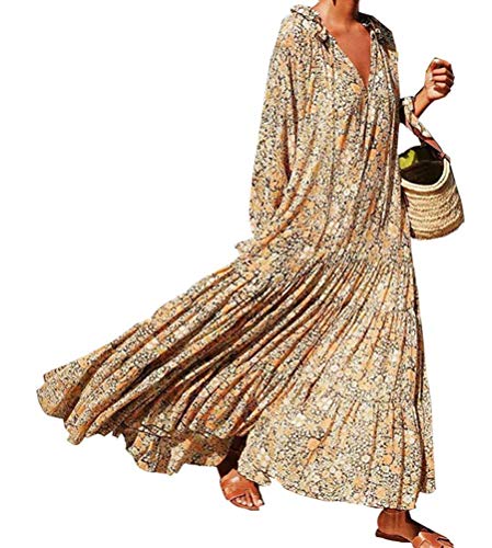 Tomwell Damen Boho Kleid Lange ärmel Strand Wickel Kimono V Ausschnitt Maxi Kleider 2 Gelb M von Tomwell