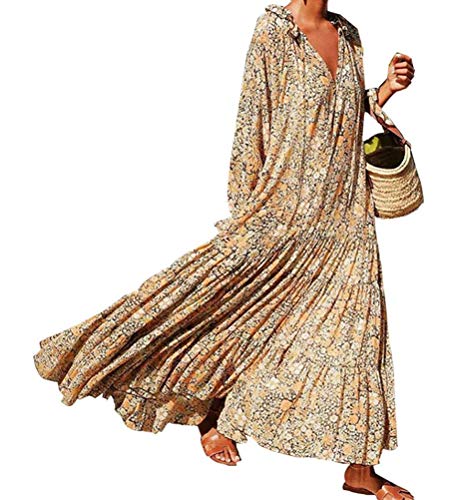 Tomwell Damen Boho Kleid Lange ärmel Strand Wickel Kimono V Ausschnitt Maxi Kleider 2 Gelb XXL von Tomwell