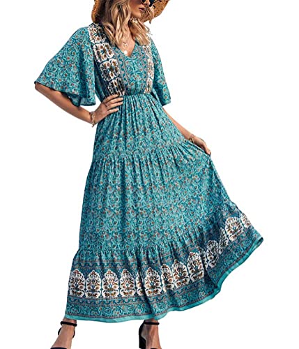 Tomwell Damen Boho Kleider Langarm Wickelkleid Mode Elegant Partykleid Sommerkleider Abendkleider Blumendruck Maxikleid Strandkleid B Grün XL von Tomwell