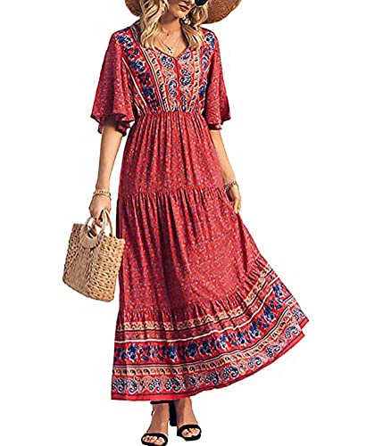 Tomwell Damen Boho Kleider Langarm Wickelkleid Mode Elegant Partykleid Sommerkleider Abendkleider Blumendruck Maxikleid Strandkleid B Rot XL von Tomwell