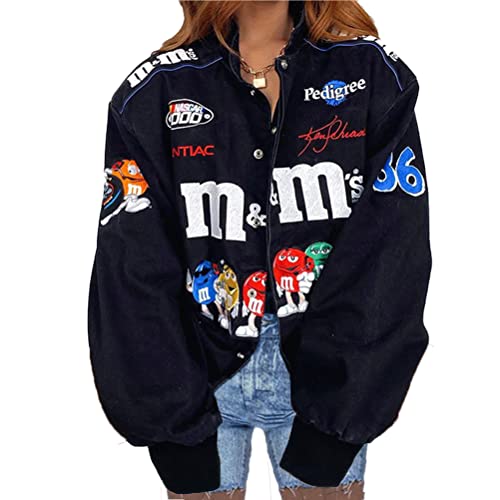 Tomwell Damen Bomberjacke College Oversized 90S Vintage Patchwork Bedruckte Racing Baseball Jacke Sweat Jacket Mantel C Schwarz L von Tomwell