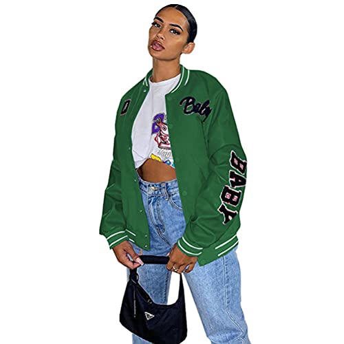 Tomwell Damen Bomberjacke College Oversized Patchwork Bedruckte Baseball Jacke 90S Vintage Racing Jacke Sweat Jacket Baseball Mantel P Grün S von Tomwell