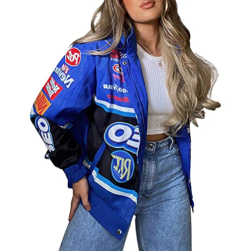 Tomwell Damen Bomberjacke College Oversized Patchwork Bedruckte Jacke 90S Vintage Racing Jacke Sweat Jacket Baseball Mantel B Blau L von Tomwell