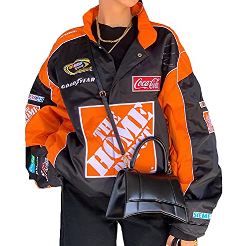 Tomwell Damen Bomberjacke College Oversized Patchwork Bedruckte Jacke 90S Vintage Racing Jacke Sweat Jacket Baseball Mantel G Schwarzorange S von Tomwell