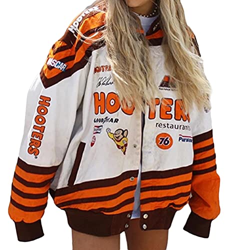 Tomwell Damen Bomberjacke College Oversized Patchwork Bedruckte Jacke 90S Vintage Racing Jacke Sweat Jacket Baseball Mantel H Weißorange L von Tomwell