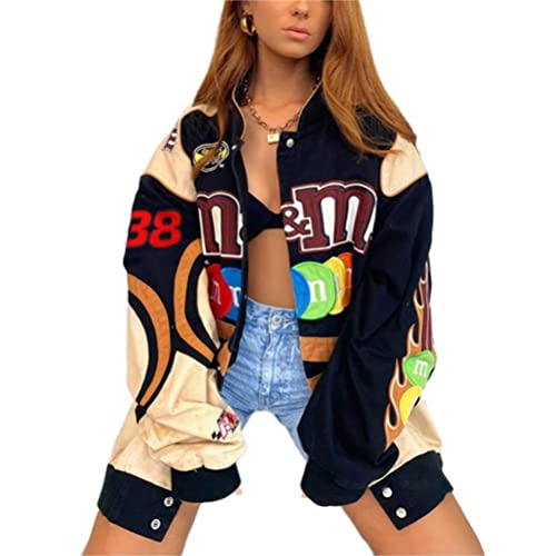 Tomwell Damen Bomberjacke College Oversized Patchwork Bedruckte Jacke 90S Vintage Racing Jacke Sweat Jacket Baseball Mantel W6 Schwarz L von Tomwell