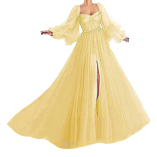 Tomwell Damen Brautkleider Hochzeitskleider Spitze Brautkleid V-Ausschnitt Große Größen Summer Ballkleid Gelb M von Tomwell
