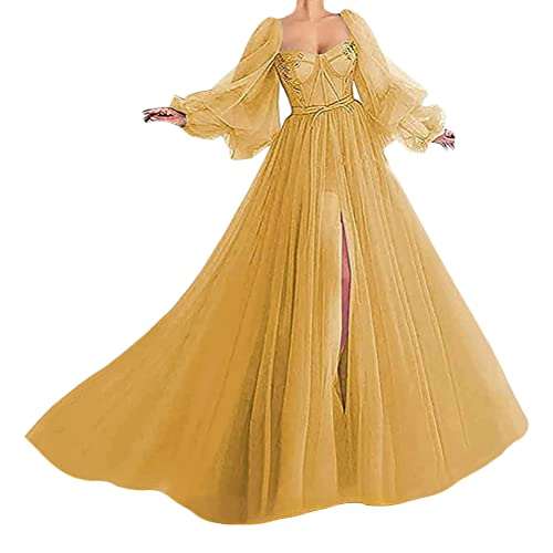 Tomwell Damen Brautkleider Hochzeitskleider Spitze Brautkleid V-Ausschnitt Große Größen Summer Ballkleid Gold XL von Tomwell