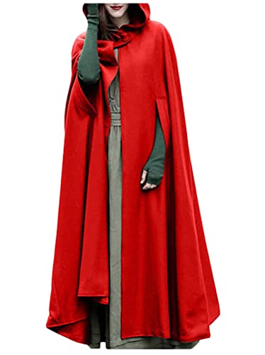 Tomwell Damen Cape Mantel mit Kapuze Einfarbig Elegant Umhang Trench Coat Cardigan Jacket Halloween Herbst Winter Retro Outwear Longstrickjacke Rot XS von Tomwell