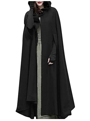 Tomwell Damen Cape Mantel mit Kapuze Einfarbig Elegant Umhang Trench Coat Cardigan Jacket Halloween Herbst Winter Retro Outwear Longstrickjacke Schwarz L von Tomwell