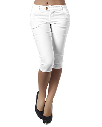 Tomwell Damen Capri 3/4 Hose Kurze Caprihose Sommer Bermuda Stretch Stoffhose Sommerhose Knielang Leggings Freizeithose Weiß L von Tomwell