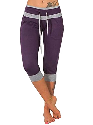 Tomwell Damen Capri Hose Hochbund Caprihose High Waist Kurze Hose Damen Bleistift Hose Slimline Haremshose Sweathose Sommer Pants 3/4 Hose Slim Fit Violett M von Tomwell