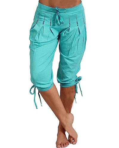 Tomwell Damen Caprihose Leicht 3/4 Länge Bleistift Hose Sommerhose Freizeithose Jogginghose Lässige Sweatpants Elastisch Bund Kurze Hose Trainingshose Fitness W Blau XL von Tomwell