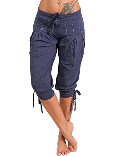 Tomwell Damen Caprihose Leicht 3/4 Länge Bleistift Hose Sommerhose Freizeithose Jogginghose Lässige Sweatpants Elastisch Bund Kurze Hose Trainingshose Fitness W Marine M von Tomwell