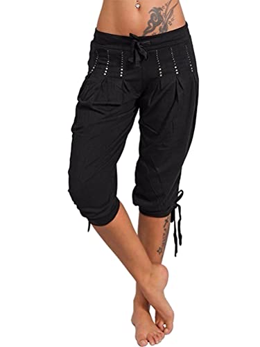 Tomwell Damen Caprihose Leicht 3/4 Länge Bleistift Hose Sommerhose Freizeithose Jogginghose Lässige Sweatpants Elastisch Bund Kurze Hose Trainingshose Fitness W Schwarz XL von Tomwell