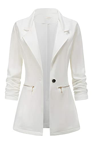 Tomwell Damen Cardigan Elegant Blazer Langärmliger Anzugjacke Einfarbig Blazer Revers Business Mantel mit Knopfleiste Slim Fit Casual Anzug Trenchcoat mit Tasche Weiß XS von Tomwell