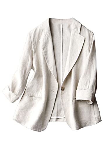 Tomwell Damen Cardigan Elegant Leinen Blazer Langärmliger Anzugjacke mit Knöpfen Einfarbig Blazer Revers Freizeit Mantel Slim Fit Anzüge Jacke Anzug Trenchcoat mit Tasche A Beige M von Tomwell