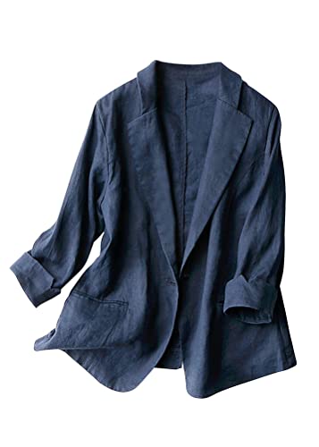 Tomwell Damen Cardigan Elegant Leinen Blazer Langärmliger Anzugjacke mit Knöpfen Einfarbig Blazer Revers Freizeit Mantel Slim Fit Anzüge Jacke Anzug Trenchcoat mit Tasche A Marine S von Tomwell